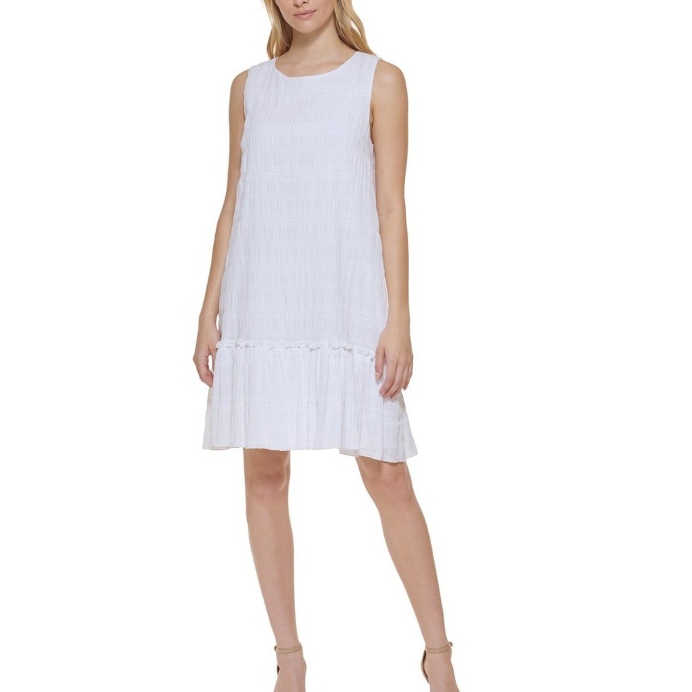 Tommy Hilfiger Shift Dress Womens 4 White New Smocked‎ Ruffle Hem Sleeveless